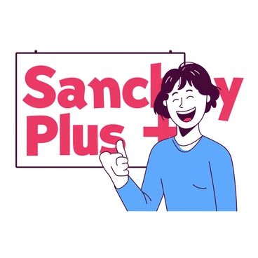 A cheerful customer with short brown hair is standing in front of a large "Sanchay Plus" sign. The customer is wearing a blue shirt and is smiling widely while giving a thumbs up with their right hand. The sign features bold letters with a distinct design, and it is set against a simplistic background that does not distract from the main subjects. The customer appears to be in a well-lit environment, emphasizing their positive expression and gesture.