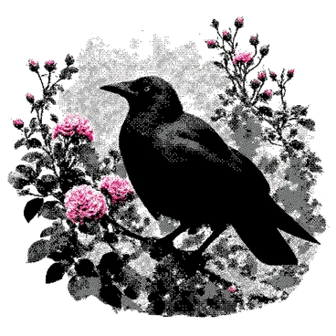 A raven sits perched on a low branch of a bush in a quaint garden. The raven has glossy black feathers that contrast with the surrounding foliage. The bush is adorned with blooming roses, featuring fully opened petals and budding flowers. The garden has an old-fashioned charm, with a cobblestone path winding through it. Various green leaves surround the flowers, creating a lush backdrop for the scene. The raven gazes attentively as it rests among the vibrant blooms.