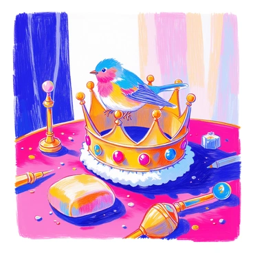 A tiny bird with vibrant feathers is perched delicately on a gold king's crown. The crown is ornately designed with jewels embedded in it, glimmering under the light. The table beneath is polished wood, reflecting the crown's shine. Surrounding the table are scattered royal artifacts, such as a scepter and a small velvet cushion. The atmosphere conveys a sense of regality and tranquility.