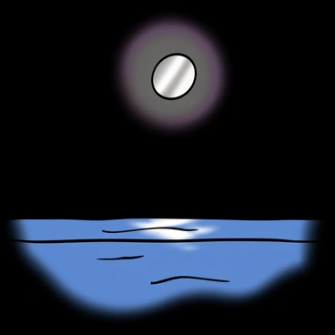 A silver moon with a glowing surface hanging in a dark sky, casting its light down onto a body of water. The water reflects the moonlight in a shimmering silver, creating a soft, gentle illumination. Surrounding the moonlight, colors blend softly, with hints of deep blues and purples merging seamlessly into each other, enhancing the tranquil atmosphere. The surface of the water appears calm and still, with subtle ripples distorting the reflected colors, creating a beautiful visual tapestry.