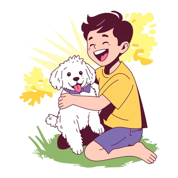 A child with a bright smile is kneeling on the grass, joyfully holding a small puppy that has a vibrant ribbon around its neck. The puppy is fluffy with a light-colored coat, showing excitement with its tongue out and tail wagging. Sunlight filters through the trees, creating a warm atmosphere. The child is wearing a colorful shirt and has tousled hair, looking delighted at the new addition to their family.