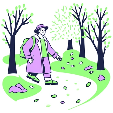 A vagabond is walking along a winding path in an autumn forest. He is dressed in a weathered coat and a hat, with a small backpack slung over one shoulder. The ground is covered with fallen leaves in various shapes and sizes. The trees around him have branches that stretch overhead, showcasing the seasonal transition. Sunlight filters through the branches, creating dappled shadows on the ground. The vagabond pauses, looking around, with a serene expression as he admires the colorful scene surrounding him.