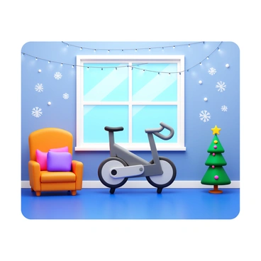 A workout bike positioned in the center of a room. The room is decorated for winter, featuring "cozy décor" such as soft cushions and warm blankets on a nearby chair. Strings of "twinkling lights" are hung across the ceiling, casting a gentle glow. "Snowflakes" are painted on the window, adding to the winter theme. A small "Christmas tree" adorned with ornaments stands in one corner, completing the festive atmosphere.