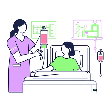 A friendly nurse is standing next to a hospital bed, smiling warmly. She has medium-length hair tied back in a ponytail and is wearing scrubs. In her hands, she is adjusting a blood transfusion tube that connects to an IV bag hanging on a stand beside the bed. The IV bag is slightly transparent, showing a reddish liquid inside. The nurse is looking directly at the patient, who is visible in the bed, and she has a reassuring expression on her face. Various medical equipment is arranged neatly in the background, contributing to the clinical atmosphere of the room.