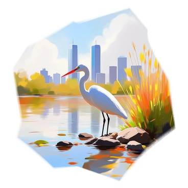 An egret exploring the edge of a city's riverbank, with skyscrapers in the distance