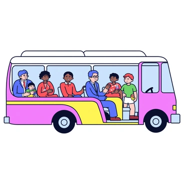 A fully integrated bus with various passengers seated inside. The bus features a modern design with bright colors and large windows. Inside, people of different backgrounds are sitting together, engaged in conversation. A woman wearing a red dress is sitting next to a man in a blue suit, while a child in a green shirt plays quietly with a toy. The bus driver is a person with glasses, focused on the road ahead. The interior is spacious, with a clear view of the dashboard and overhead handles.