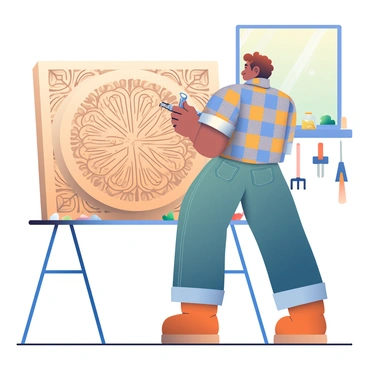 A carpenter with tanned skin and short brown hair is focused on carving intricate designs into a large wooden sculpture. He is wearing a plaid shirt with rolled-up sleeves and sturdy jeans, and there are wood shavings scattered around him on the workbench. His hands are holding a detailed carving tool, expertly guiding it along the contours of the wood. The sculpture features elaborate patterns of leaves and vines, with sections still rough and unrefined. The workspace has various tools hanging on the wall, and sunlight is streaming in through a nearby window, highlighting the grains of the wood.