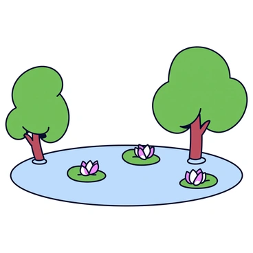 A quiet pond with clear water. The surface of the pond is dotted with blooming pink and white lotus flowers. The flowers have large green leaves that float gracefully on the water. Surrounding the pond are tall, lush green trees that create a natural frame. The trees' reflections can be seen in the still water of the pond.