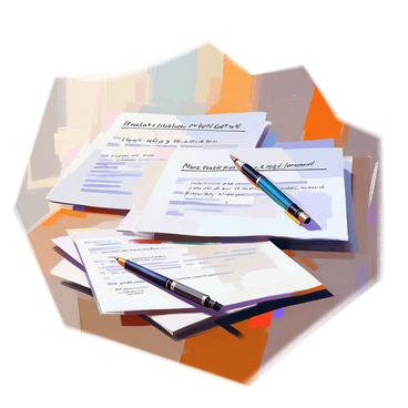 A wooden table covered with several contracts detailing various illustration rights scenarios. Each contract is neatly stacked, displaying headers such as "Exclusive Rights," "Non-Exclusive Rights," and "Royalty Agreements." A pen rests beside the contracts, poised for signatures. The background features soft lighting, creating a focused atmosphere on the table. A notepad with handwritten notes about illustration projects is also present, adding context to the scene.