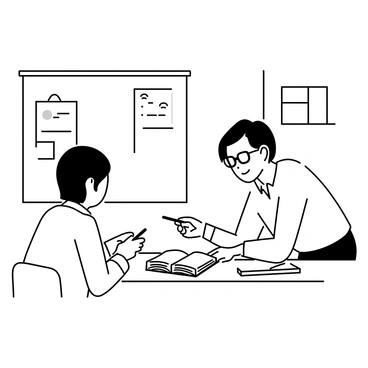 A teacher sitting at a wooden desk, leaning forward towards a student who is seated across from them. The teacher is wearing glasses and a button-up shirt, pointing to a highlighted passage in an open book on the desk. The student has short hair and is attentively looking at the book, with a pencil in hand and notes scattered around. The classroom setting includes a chalkboard in the background with some educational posters on the walls. Sunlight is filtering through a window, illuminating the scene.