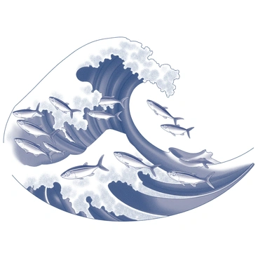 A large wave is depicted, its shape dynamic and curling as it rises. The surface of the wave is teeming with numerous tuna fish, their streamlined bodies gliding effortlessly through the water. Each fish is rendered with precise detailing, highlighting their distinct fins and scales. The arrangement of the fish creates a sense of movement, as if they are swimming together in unison, forming the very structure of the wave itself. The interaction between the water and the fish conveys a fluidity, emphasizing the energy of the scene.