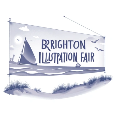 A large banner hangs prominently, featuring the words "Brighton Illustration Fair" in bold, eye-catching lettering. The design incorporates a seaside theme, showing waves gently crashing against the shore. There are stylized illustrations of seagulls soaring in the sky and sailboats gliding across the water. The background displays a sun setting over the horizon, with clouds scattered overhead. Dunes with grass add depth to the coastal scenery, framing the banner beautifully.