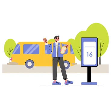 A commuter standing at a bus stop, holding a sandwich in one hand. The commuter is wearing a blue jacket and has a backpack slung over one shoulder. A yellow bus is approaching in the background, and there are green trees lining the street. The sandwich has lettuce and tomato peeking out from the sides. The bus stop sign is clearly visible with the bus route number on it. The ground is a light gray pavement.