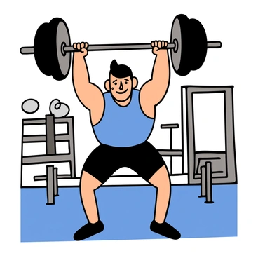 A weightlifter with light skin and short black hair is positioned in a gym, lifting a heavy barbell above his head. He is wearing a tight-fitting blue tank top and black shorts. The gym has various weightlifting equipment in the background, including dumbbells and benches. The weightlifter has a focused expression, with beads of sweat on his forehead, showcasing the effort of lifting the weight.