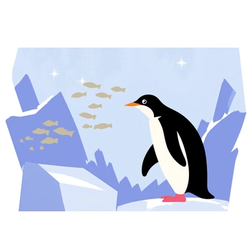 A curious penguin with a black and white body is peering down at a school of fish swimming beneath the icy water surface. The water is a clear blue, with light filtering through the ice above, creating shimmering patterns. The school of fish, which consists of small, silver fish, is swimming together in a tight formation. The icy environment is characterized by large, jagged pieces of ice, some floating and others forming an underwater landscape. The penguin stands on a patch of snow, its head turned and eyes wide with interest as it observes the vibrant scene below.