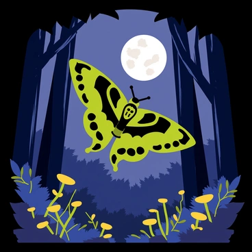 A "death's-head hawkmoth" with distinct skull markings on its thorax is fluttering through a "dense forest" filled with tall, dark trees. The scene is illuminated by a "bright, full moon" casting soft light that highlights the "leaves" and "branches" around it. Shadows dance across the forest floor, and patches of "glowing mushrooms" can be seen, adding to the mystical atmosphere of the moonlit night. The moth's wings are spread wide, showcasing their intricate patterns as it navigates through the thick foliage.