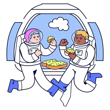 Astronauts enjoying garlic bread in a space station with Earth in the background