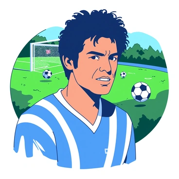 A portrait of "Maradona" is depicted in the foreground, showcasing his iconic hairstyle and intense gaze. He is wearing a blue and white striped football jersey, adorned with a small emblem on the chest. The background features a blurred scene of a football field, with vibrant green grass and white lines marking the pitch. Several footballs are scattered in the background, creating an atmosphere of excitement and energy in the sport. The lighting highlights the contours of his face, adding depth to the portrait.