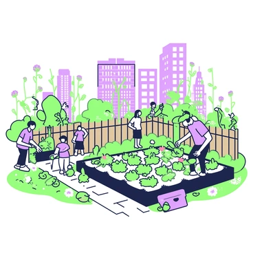 A community garden is flourishing in an urban environment. The garden is filled with a variety of vibrant flowers and green vegetables. There are rows of tomatoes, cucumbers, and leafy greens, with some plants reaching toward the sky. Surrounding the garden, a wooden fence encloses the area, and a pathway made of stones leads through the garden. In the background, there are brick buildings that tower above, providing a contrast to the greenery. A few people can be seen tending to the plants, watering them and pulling weeds, contributing to the community effort. Garden tools are placed neatly in a corner, and a compost bin is visible nearby, enhancing the sustainable aspect of the garden.