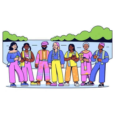 A group of people in traditional attire gathered by the banks of the Nile River. The individuals are wearing colorful garments, with women in flowing dresses adorned with intricate patterns and men in tunics and shawls. Some people are holding decorative items, such as handmade crafts and musical instruments. The Nile is flowing gently in the background, with lush greenery lining the riverbank. The scene captures a vibrant atmosphere, with expressions of joy and celebration among the participants.