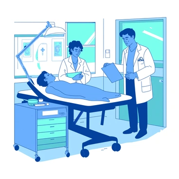A blue doctor in a white coat is examining a patient lying on a medical examination table in a clinic. The patient has a bandage on their arm and visible bruises on their face. The doctor's expression is focused and concerned as they hold a medical chart in their hands. Nearby, a teal medical equipment cart is stocked with various tools and supplies, and a white examination lamp is illuminating the scene. The background shows medical posters on the walls and a window letting in soft light.
