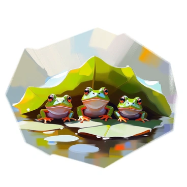 A cluster of green frogs is peeking out from beneath broad wetland leaves. The frogs are nestled among large, glossy green foliage, with a variety of shapes and sizes of leaves creating a natural canopy over them. Each frog has vibrant green skin, and their eyes are wide open, displaying curiosity. Some leaves have droplets of water on their surface, glistening in the light. The scene captures the frogs in a moment of stillness, as they observe their surroundings, partially hidden by the lush greenery.