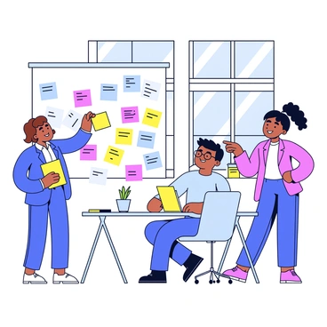 A group of three colleagues in an office setting, engaged in a brainstorming session. One colleague, a woman with short brown hair, is standing and attaching a yellow sticky note to a white wall filled with colorful notes. Another colleague, a man with glasses and black hair, is sitting at a small table with a notebook in front of him, writing down ideas. The third colleague, a woman with long curly hair, is pointing at the wall while smiling. The office has large windows that let in natural light, and there are a few plants on the windowsill.