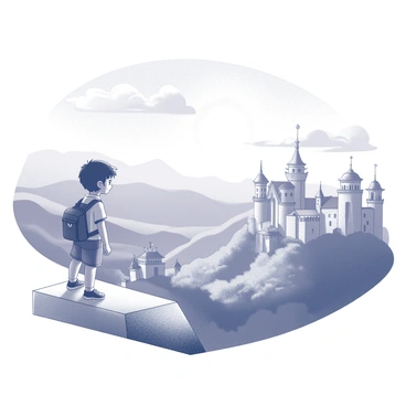 A book cover featuring a child standing at the edge of a vast landscape. The child is wearing a backpack and looking out over rolling hills and valleys. In the distance, various architectural styles can be seen, representing different cultures, such as a pagoda, a thatched-roof hut, and a grand castle. The sky above is filled with fluffy clouds, and the sun is positioned low, casting gentle shadows across the terrain. The child is depicted with a look of curiosity and wonder on their face as they take in the diverse scenery before them.