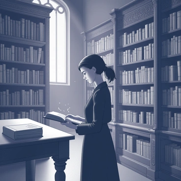 A librarian stands in a dimly lit gothic library filled with ancient books. The librarian is dressed in an elegant, dark outfit, and their hair is neatly pulled back. They are surrounded by towering bookshelves that stretch towards a vaulted ceiling, filled with various aged tomes. Soft, flickering candlelight casts shadows that dance across the ornate wooden tables and intricate carvings on the walls. Dust motes are visible in the air, adding to the atmosphere of secrecy and knowledge. The librarian holds an open book in one hand, while the other hand rests gently on the edge of a nearby table.