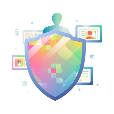 A large shield made of vibrant digital pixels is positioned in the foreground, shimmering with a range of colors. The shield has a geometric pattern that highlights its pixelated texture. Behind the shield, a silhouette of a person is visible, suggesting a sense of protection over their data. Surrounding the silhouette, various floating icons symbolize data such as documents, photographs, and personal information, all appearing partially obscured by the shield. The atmosphere conveys a sense of security and digital safeguarding.