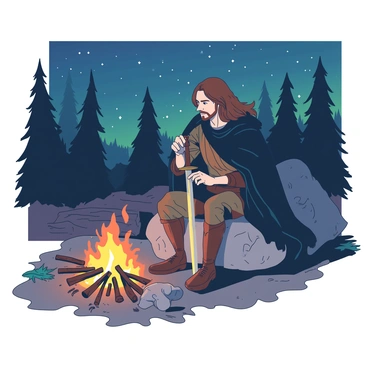 A rugged wilderness scene features "Aragorn" sitting on a large, flat rock next to a bright orange campfire. The fire casts warm light, illuminating his focused expression as he sharpens his sword with a small stone. Surrounding him are tall, dark green trees and a star-filled night sky. "Aragorn" wears worn leather armor and a dark cloak, with his long hair softly blowing in the gentle breeze. Nearby, a pile of logs rests beside the fire, and the ground is covered with fallen leaves and twigs. The scene conveys a moment of solitude and preparation before an impending challenge.