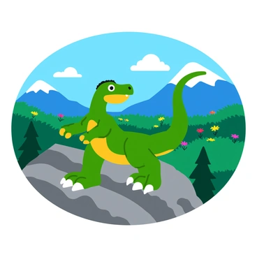 A dinosaur, specifically a green Velociraptor, is practicing martial arts on a rocky mountain top. The dinosaur is positioned in a dynamic stance, with one leg raised and claws poised, demonstrating a fierce focus. In the background, the mountain slopes down to reveal a valley filled with vibrant green trees and colorful wildflowers. A clear blue sky stretches overhead, dotted with a few fluffy white clouds. The scene captures the strength and agility of the dinosaur amidst the natural beauty of the landscape.