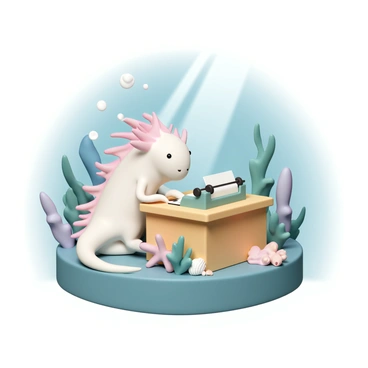 An axolotl with pink frilly gills and a smooth, pale body is sitting at a tiny wooden desk submerged underwater. The desk is adorned with small seashells and colorful coral. The axolotl is focused on typing on a miniature typewriter, with its webbed feet gently pressing the keys. Bubbles rise from the typewriter as it types, and the surrounding water is filled with soft beams of light filtering down. In the background, various aquatic plants sway softly with the currents, creating a cozy underwater atmosphere.