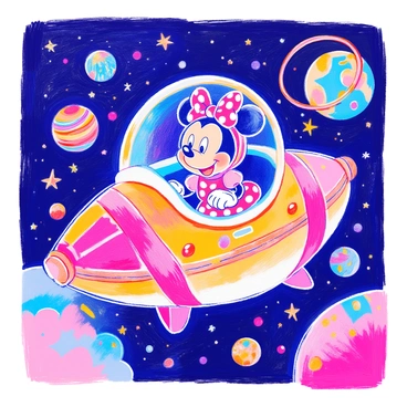 Minnie Mouse is inside a cute, rounded spaceship with vibrant colors and whimsical designs. She is wearing a space helmet adorned with bows, and her iconic polka-dotted dress is visible. The spaceship is surrounded by twinkling stars and colorful planets of various sizes. Some planets are rings, while others have unusual textures and patterns. The background features a dark expanse of space, enhancing the brightness of the stars and planets. Minnie is looking out of her spaceship window with a joyful expression.