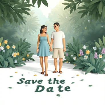 A couple is walking hand in hand through a lush green forest. The woman is wearing a light blue sundress and brown sandals, while the man is dressed in a white shirt and beige shorts, with brown flip-flops. Sunlight filters through the dense canopy above, casting dappled light on the ground. Around them, vibrant green leaves and colorful wildflowers grow abundantly. On the ground, scattered leaves are arranged to form the words "Save the Date," adding a whimsical touch to the scene as the couple walks by, smiling at each other.