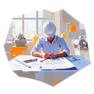 An engineer with short black hair and wearing a safety helmet is seated at a large table, deeply focused as they study detailed blueprints of a factory layout. The blueprints are spread out before them, showcasing intricate designs and measurements. Various engineering tools, such as a ruler and a pencil, are scattered across the table. The engineer is wearing a light blue shirt and glasses, with a slight furrow in their brow as they analyze the plans. In the background, a large window lets in natural light, illuminating the workspace filled with additional diagrams and models of machinery.