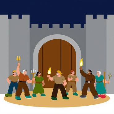 A group of villagers, each holding a glowing torch in one hand and a pitchfork in the other, is gathered in front of the gates of a large stone castle. The villagers are dressed in rustic clothing, featuring earthy tones of brown and green. The castle is imposing, made of gray stone with tall, narrow towers and a large wooden gate. The torches cast a warm, flickering light that illuminates the faces of the determined villagers. Their expressions are filled with resolve as they approach the castle, creating a sense of urgency in the scene. The sky above is dark, suggesting that it is nighttime, adding to the dramatic atmosphere.