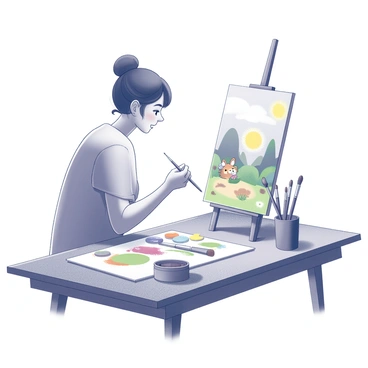 An illustrator is seated at a wooden table, focused on painting a whimsical scene. The table is scattered with various paint brushes of different sizes, and several jars of colorful paints are open and positioned nearby. The illustrator is holding a brush and applying bright hues to a canvas, depicting a lively landscape filled with imaginative characters and playful elements. The overall atmosphere conveys creativity and a joyful spirit, as the artist immerses themselves in the world they are bringing to life.