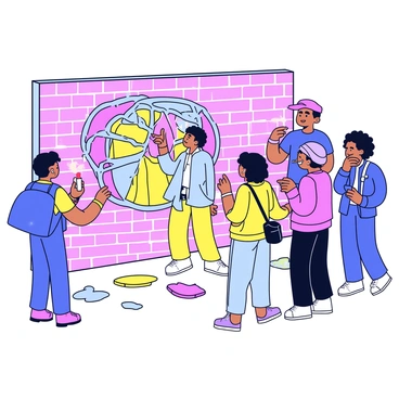 A street artist is focused on painting a large mural on a brick wall. The artist has a spray can in hand and is applying vibrant colors to create an intricate design. Several curious strangers are gathered nearby, observing the artist's work. Some of them are pointing at the mural and smiling, while others are taking pictures with their smartphones. The scene is lively, with the artist dressed in casual clothing and wearing a cap, surrounded by splashes of paint on the ground.