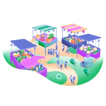 A bird's-eye view illustration of a bustling market scene filled with vibrant stalls. Each stall is adorned with an array of colorful fruits, vegetables, and crafts. Tiny people are depicted walking through the market, interacting with vendors and examining products. There are decorative awnings in various shades, and some stalls feature hanging lights. A small pathway winds through the market, leading to a central gathering area where a group of people is chatting. The overall scene is lively and filled with a sense of activity.