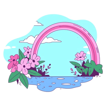 A pink rainbow arcs gracefully across a blue sky filled with a few scattered white clouds. Below the rainbow, the ground is glistening, reflecting the recent warm rain, with droplets of water clinging to vibrant green leaves and colorful flowers. The scene is illuminated by soft sunlight, enhancing the vividness of the colors in the landscape.