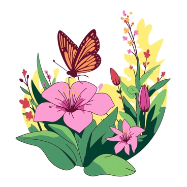 A vibrant butterfly with wings featuring intricate patterns of orange and black is gently hovering above a large blooming flower. The flower is a rich shade of pink and has lush green leaves surrounding it. The garden is filled with various plants and flowers, creating a colorful backdrop. Sunlight filters through the leaves, highlighting the delicate details of the butterfly's wings as it flits gracefully in the warm air.