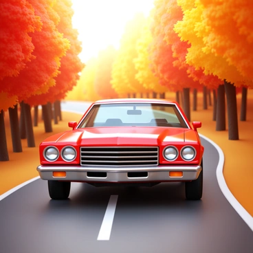 A 1970s American car in a vibrant red color is traveling along a scenic route. The road is bordered by trees with leaves in shades of orange, yellow, and red, creating a picturesque autumn landscape. The car has a glossy finish and distinctive retro features such as large chrome bumpers and round headlights. The sunlight filters through the foliage, casting warm light onto the car as it moves gracefully along the winding road.