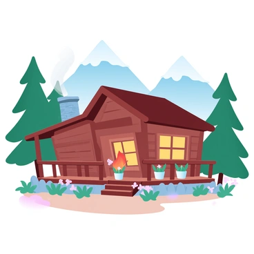 A cozy log cabin with a stone chimney is nestled among tall pine trees. The cabin features a wooden deck adorned with potted plants. A gentle smoke is rising from the chimney, indicating a warm fire inside. In the background, majestic mountains rise, their peaks capped with snow. The area is dotted with patches of wildflowers blooming in vibrant colors. Soft sunlight filters through the tree branches, casting gentle shadows on the ground.