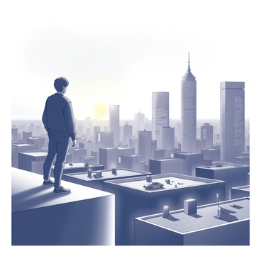 A person stands on a rooftop, gazing out over a bustling cityscape. The individual is positioned near the edge of the rooftop, with their silhouette outlined against the skyline. Skyscrapers rise in the background, their windows reflecting the fading light of the sunset. The rooftops below are busy with activity, featuring a mix of vehicles, people, and city elements. The sky above shows a gradient indicating the setting sun, casting shadows across the scene. The atmosphere is filled with urban energy, emphasizing the connection between the individual and the vibrant city below.