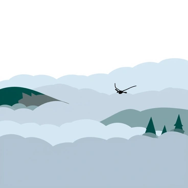 A landscape shrouded in thick, swirling fog that obscures most details. In the distance, the dark silhouette of a dragon can be seen, its wings spread wide as it hovers above the ground. The surrounding environment features rolling hills partially hidden by the fog, with trees that emerge from the mist. The overall atmosphere is dramatic, enhancing the presence of the dragon against the muted backdrop.