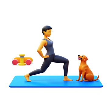 A person performing hip thrusts on an exercise mat. The person has short, dark hair and is wearing a fitted workout outfit. Their pet dog, a small golden retriever, sits nearby with its tongue out, watching the exercise with curiosity. The dog's fur glistens under the light, and it has an excited expression. The room is bright and filled with fitness equipment like dumbbells and a yoga mat, creating an active atmosphere.