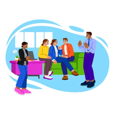 A bright office setting with modern furniture and large windows allowing natural light to filter in. A small group of three people is huddled together, their heads close as they whisper, with expressions of intrigue and focus. The group consists of two women and one man, dressed in smart casual attire. In the foreground, a fourth person, a woman with a worried expression, stands slightly apart from the group, shifting her weight from one foot to the other. She has crossed arms and is looking toward the group, her brow furrowed, conveying a sense of unease. On the desk nearby, there are scattered papers and a laptop, adding to the office ambiance.