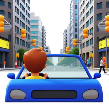 A student driver inside a car focused on navigating a bustling city street. The scene features tall buildings lining both sides of the road, showcasing a mix of modern architecture and older styles. Traffic lights are visible, along with pedestrians walking on the sidewalks. The car's dashboard displays various controls, and the student driver looks attentive, gripping the steering wheel. Bright city signs and billboards add vibrancy to the environment.