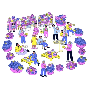 A bright rose festival filled with various floral displays featuring an abundance of colorful roses in different arrangements. Groups of people are engaging in activities, such as playing games and sampling food from various stalls. Some attendees are admiring the rose decorations that adorn the area, creating a vibrant atmosphere. There are picnic tables set up for dining, surrounded by blooming rose bushes, adding to the festive ambiance.